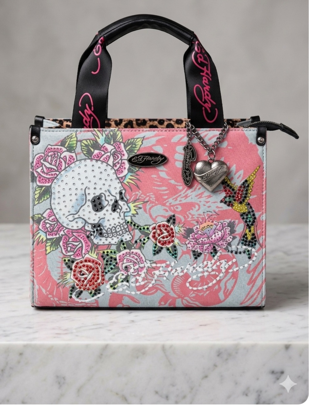 NWT Ed Hardy Pink Denim Rhinestone Skull Tote Bag Y2K  Grunge Glam Crossbody